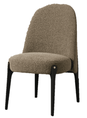 A contemporary dining chair with a rounded, upholstered back and seat. The upholstery has a textured, boucle-like finish. The chair features slender, dark-colored legs, likely made of wood or metal, with visible brass-toned fasteners connecting the seat frame to the legs. — 3D model