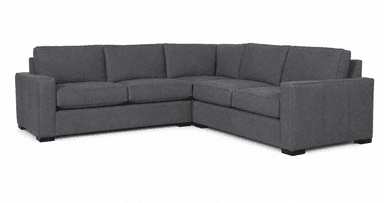 A contemporary L-shaped sectional sofa upholstered in a dark gray textured fabric, featuring clean lines, block arms, and multiple loose seat and back cushions resting on low-profile dark feet. — 3D model