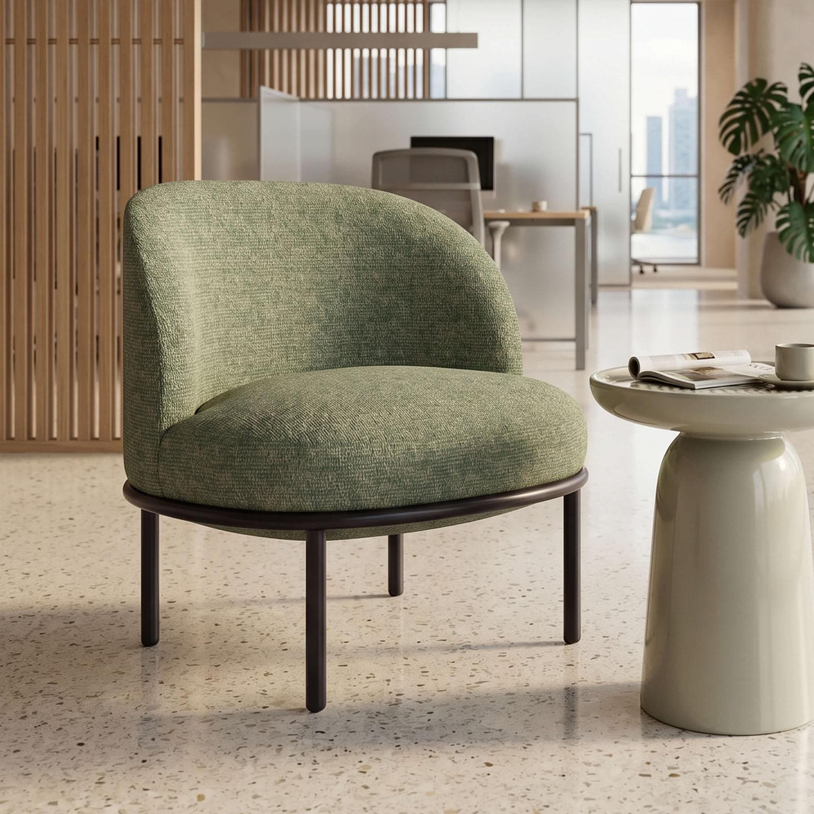 An upholstered armchair with a rounded seat and an integrated, curved backrest, supported by a minimalist dark metal frame with four straight legs. — 3D model