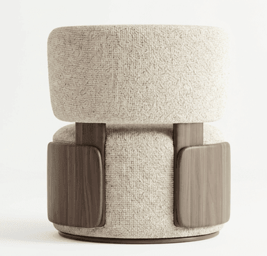 A modern lounge chair featuring a low-profile, rounded silhouette. It consists of a generously padded, cylindrical seat and a separate, curved backrest, both upholstered in a textured, light cream or beige fabric. Dark wood elements are visible on the base and as side supports, connecting the backrest to the seat and adding a contrasting detail. — 3D model