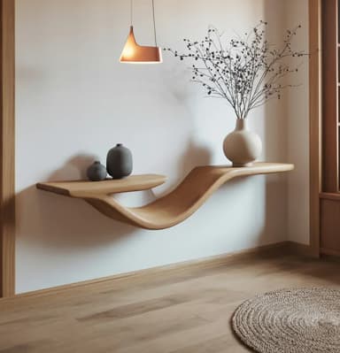 A single piece of light-toned wood, bent into an S-shaped, organic form, with a flat surface extending to create a modern, wall-mounted shelf. — 3D model