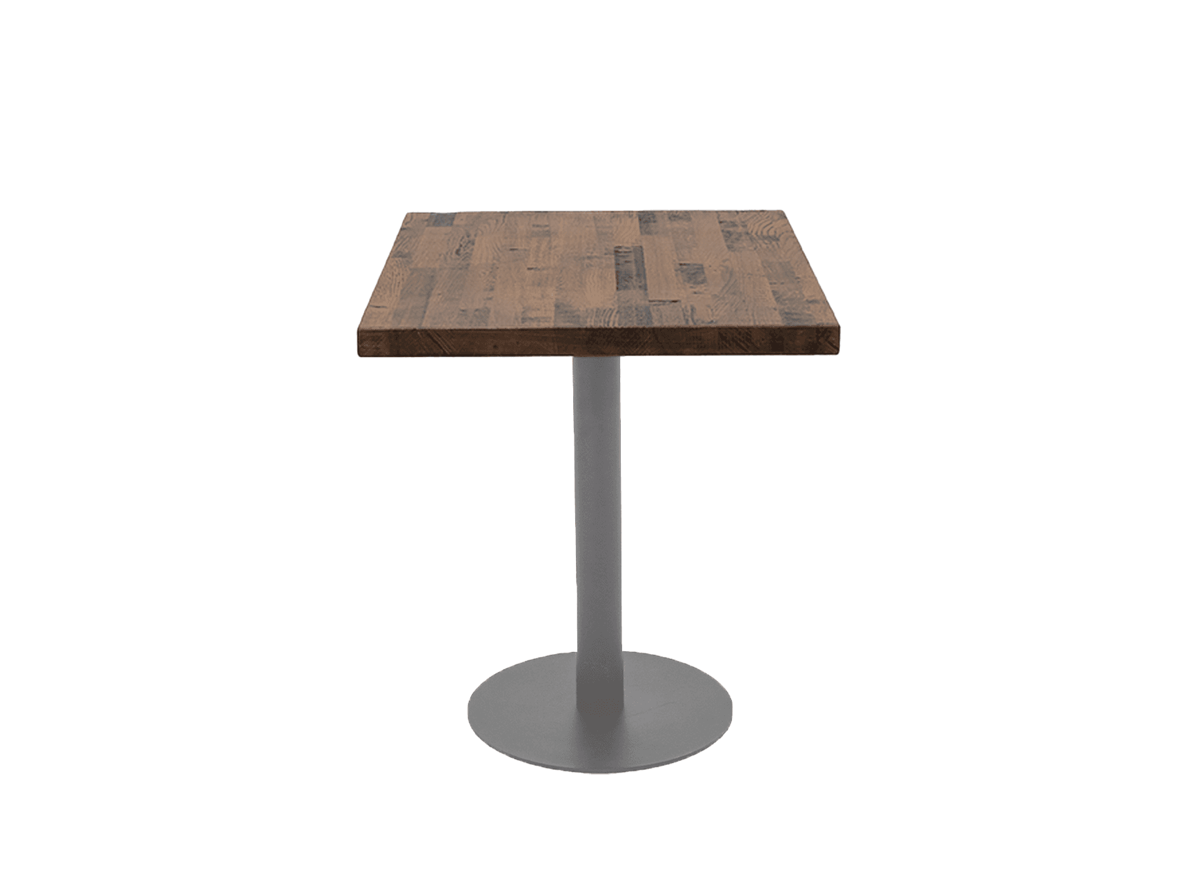 A square-top table with a base pedestal. The tabletop is constructed from multiple rectangular wooden planks of varying shades of brown, arranged horizontally. The base consists of a circular foot and a cylindrical central column, both finished in a matte grey color. — 3D model