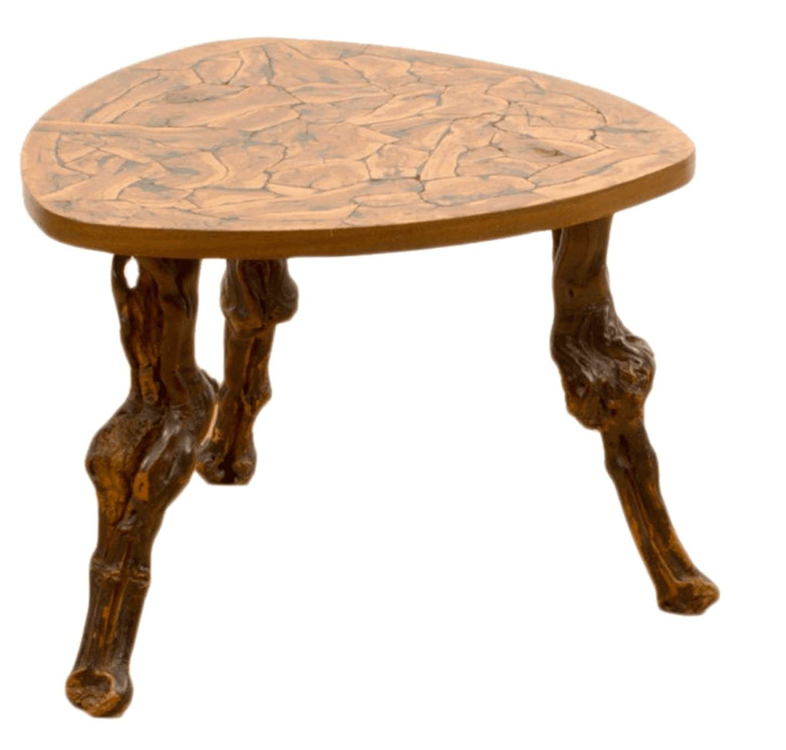 A small, three-legged side table with an irregularly shaped, roughly triangular top. The tabletop features a mosaic-like inlay pattern composed of irregular wooden pieces, resembling natural wood grain or cracked earth. The legs are distinctly sculptural and organic, mimicking gnarled tree roots or branches, with a rough, textured surface and a dark, rich brown coloration. The overall aesthetic is rustic and naturalistic. — 3D model