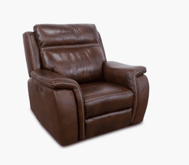 A brown leather recliner chair with contrast stitching. The chair features padded armrests, a high back with segmented headrest and lumbar support, and a footrest that appears to be in a retracted position. A control panel is visible on the side of the right armrest, suggesting it is an electric recliner. — 3D model