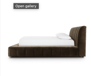 A modern platform bed featuring a low-profile design and complete upholstery in a dark brown velvet-like fabric. Both the headboard and the surrounding frame exhibit prominent vertical channel tufting, creating a textured and structured appearance. The bed is presented with white bedding, emphasizing its deep color and plush texture. — 3D model