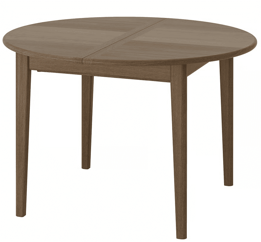 A contemporary round drop-leaf dining table made from light brown wood, featuring a visible wood grain. The tabletop is comprised of two distinct segments, indicating an expandable or foldable design. It is supported by four sturdy, tapered legs. — 3D model