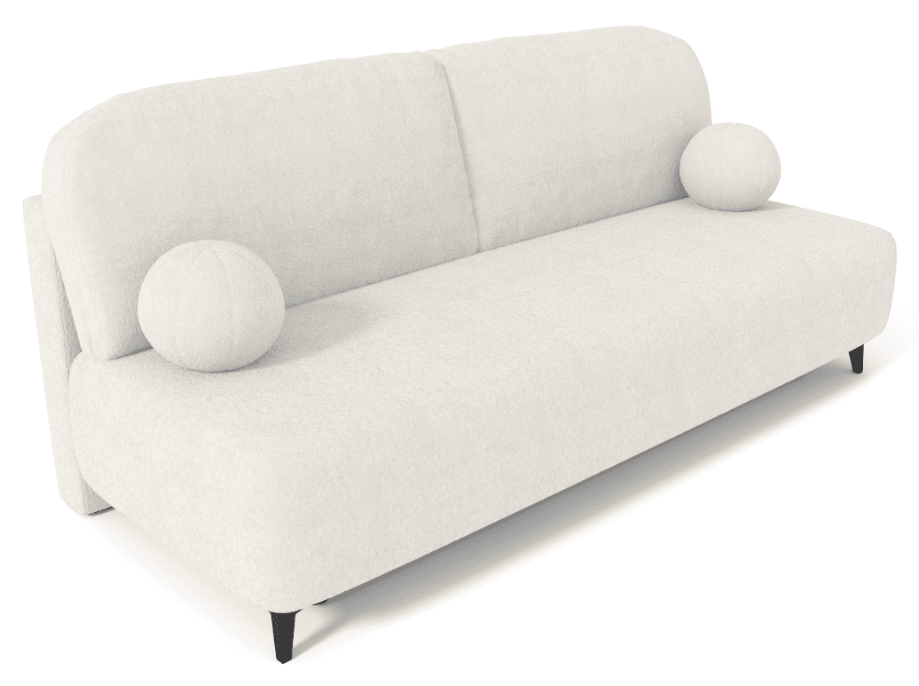 A modern, off-white sofa with a textured fabric upholstery. It features a low profile, rounded armrests and back, and two separate seat cushions. Two spherical decorative pillows are placed on the sofa, one on each side. The sofa stands on four short, black, tapered legs. — 3D model