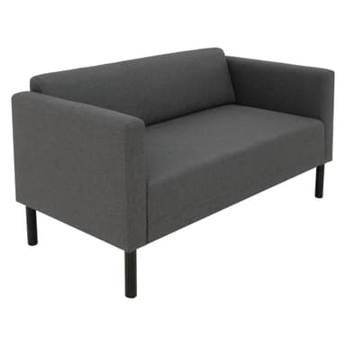 A modern two-seater loveseat upholstered in dark gray fabric, featuring integrated low-profile arms and backrest with rounded edges, supported by four slender black cylindrical legs. — 3D model