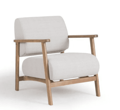 A modern lounge armchair featuring an exposed light-toned wooden frame and soft, light beige upholstered cushions for the seat and back. The design is minimalist with clean lines and rounded armrests. — 3D model