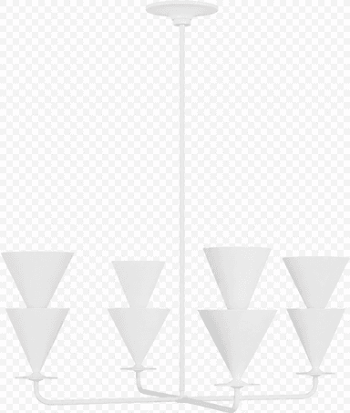 A white, multi-arm chandelier with a central stem and a canopy. It features eight conical light shades arranged in four pairs, with two pairs on opposite sides of the central support. The design is minimalist and geometric. — 3D model