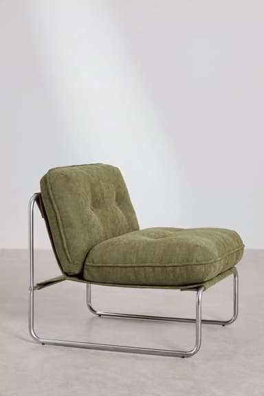 A low-slung modern lounge chair featuring a minimalist tubular metal frame and plush olive-green upholstered cushions, with the back cushion exhibiting subtle tufting. — 3D model