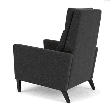 A contemporary high-back lounge chair upholstered in a dark gray, textured fabric. The chair features a tall backrest with a separate lumbar cushion, boxy padded armrests, and a removable seat cushion. It is supported by four dark, tapered wooden legs. — 3D model