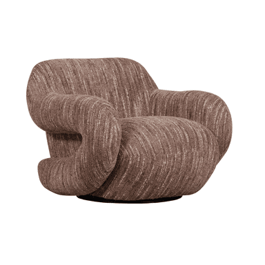 A top-down view of a single-seat armchair. The armchair features a textured upholstery with a vertical stripe pattern in shades of brown and off-white. The arms and seat are integrated into a single, rounded form, suggesting a modern or transitional style. The base is not fully visible but appears to be a dark, possibly black, swivel base. — 3D model