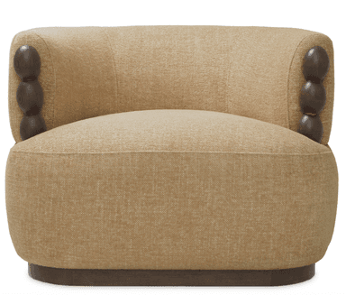 A single-seater armchair with a rounded, upholstered body and a wooden base. The armchair features upholstered arms with decorative wooden elements stacked vertically on the exterior side of each armrest. The upholstery has a textured, woven appearance. The base is a dark, solid wood circular plinth. — 3D model