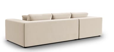 A sectional sofa with a chaise lounge extension. It features a low profile with clean lines and plush cushions. The sofa is upholstered in a light-colored fabric and includes several back cushions and two armrest pillows. — 3D model