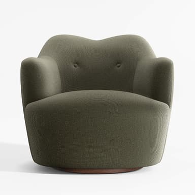 A fully upholstered armchair with a rounded, organic silhouette. The chair features a high, sculpted backrest that flows into integrated armrests, creating a cohesive form. A single button is tufted into the center of the backrest. The chair is supported by a dark, circular wooden base, suggesting it may be a swivel chair. — 3D model