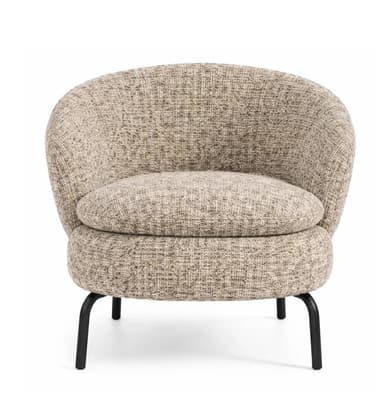 A modern, compact tub chair featuring a rounded, continuous back and integrated armrests, upholstered in a textured, neutral-toned fabric, supported by slender, tapered black metal legs. — 3D model