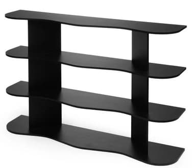 A modern, open bookshelf with three staggered shelves. The structure features vertical supports that are offset from the ends of the shelves, creating an asymmetric and dynamic appearance. The shelves have a gently undulating front edge. The overall design is minimalist and contemporary. — 3D model