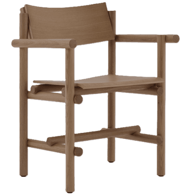 A wooden armchair with a minimalist design, featuring a slatted seat and backrest, and cylindrical armrests. The structure is composed of light-colored wood elements joined together, with a visible grain pattern. The chair has four legs and a supportive frame. — 3D model