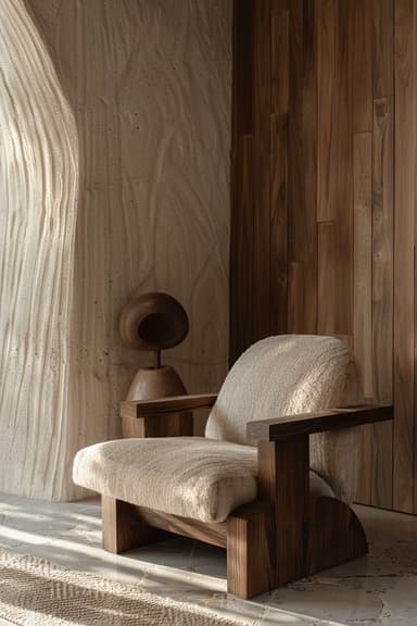 A contemporary low-profile lounge chair featuring a sturdy, rectilinear wooden frame in a dark finish, paired with plush, light-colored textured fabric cushions. The design emphasizes clean lines and comfort. — 3D model