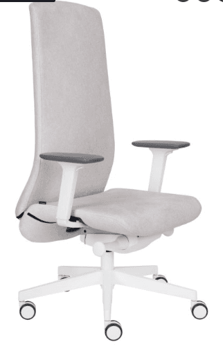 A modern high-back office chair featuring light grey fabric upholstery on the seat and backrest. It has a white plastic or metal frame, including the five-star base with white casters and the armrest supports. The armrests themselves have dark grey, possibly rubberized, pads. The chair's design emphasizes ergonomic support with a slightly curved back. — 3D model