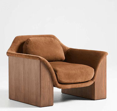 A modern armchair featuring a sculptural form, constructed from solid wood paneling and soft upholstered cushions. The chair exhibits a unique design where the upholstered seating surface, backrest, and integrated armrests form a continuous, curved U-shape, appearing to float within a sturdy, vertical walnut wood panel frame. — 3D model