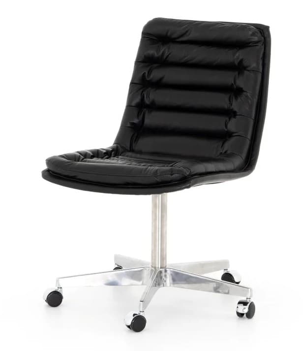 A modern office chair featuring black ribbed leather upholstery on a polished metal swivel base with five casters. The seat and back are deeply padded with horizontal channels. — 3D model