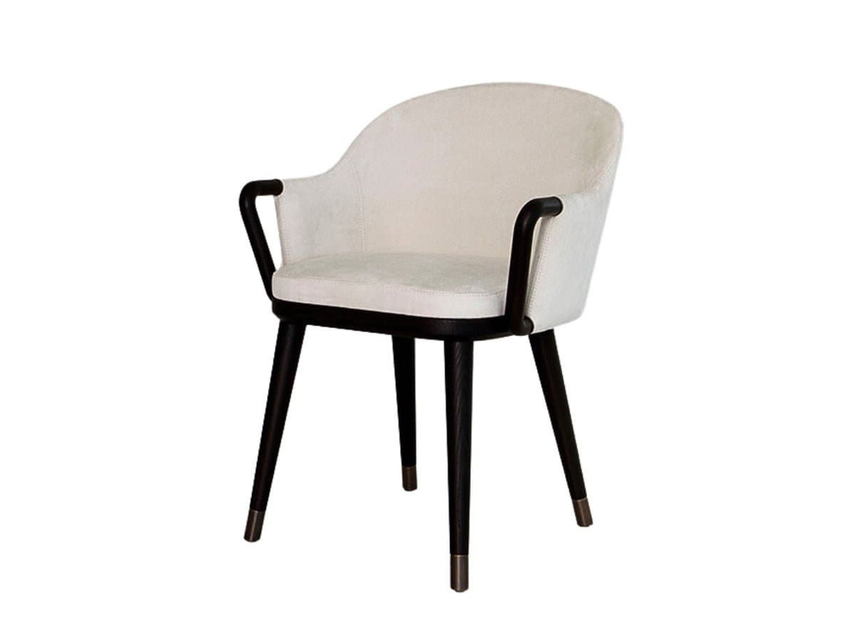An elegant contemporary armchair designed for dining or accent use, featuring a fully upholstered body with a rounded back and seat, exposed dark wood armrests, and tapered dark wood legs finished with metallic caps. — 3D model