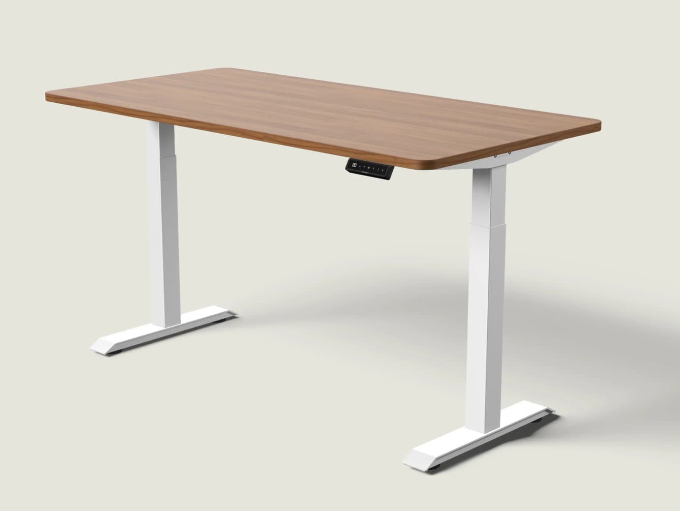 A modern electric standing desk featuring a rectangular wooden laminate desktop with rounded corners and a white metal base. The base consists of two vertical, square-profile legs supported by flat, elongated feet. A control panel with digital display and buttons is integrated into the right underside of the desktop, indicating height adjustment capabilities. The desk is designed for ergonomic work environments, allowing users to transition between sitting and standing positions. — 3D model