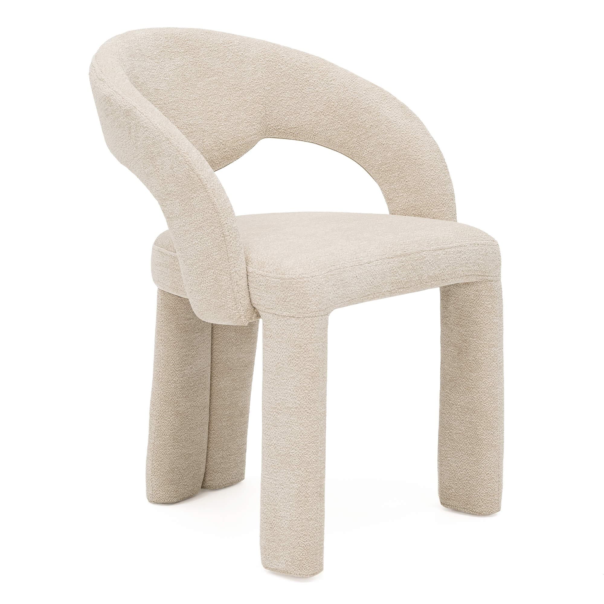 A contemporary fully upholstered accent armchair featuring a light-colored, textured bouclé fabric. The chair exhibits a rounded, organic silhouette with a backrest that smoothly transitions into integrated armrests. The seat is integrated, and the chair is supported by four chunky, cylindrical legs, all seamlessly covered in the same fabric, contributing to its monolithic and sculptural aesthetic. — 3D model