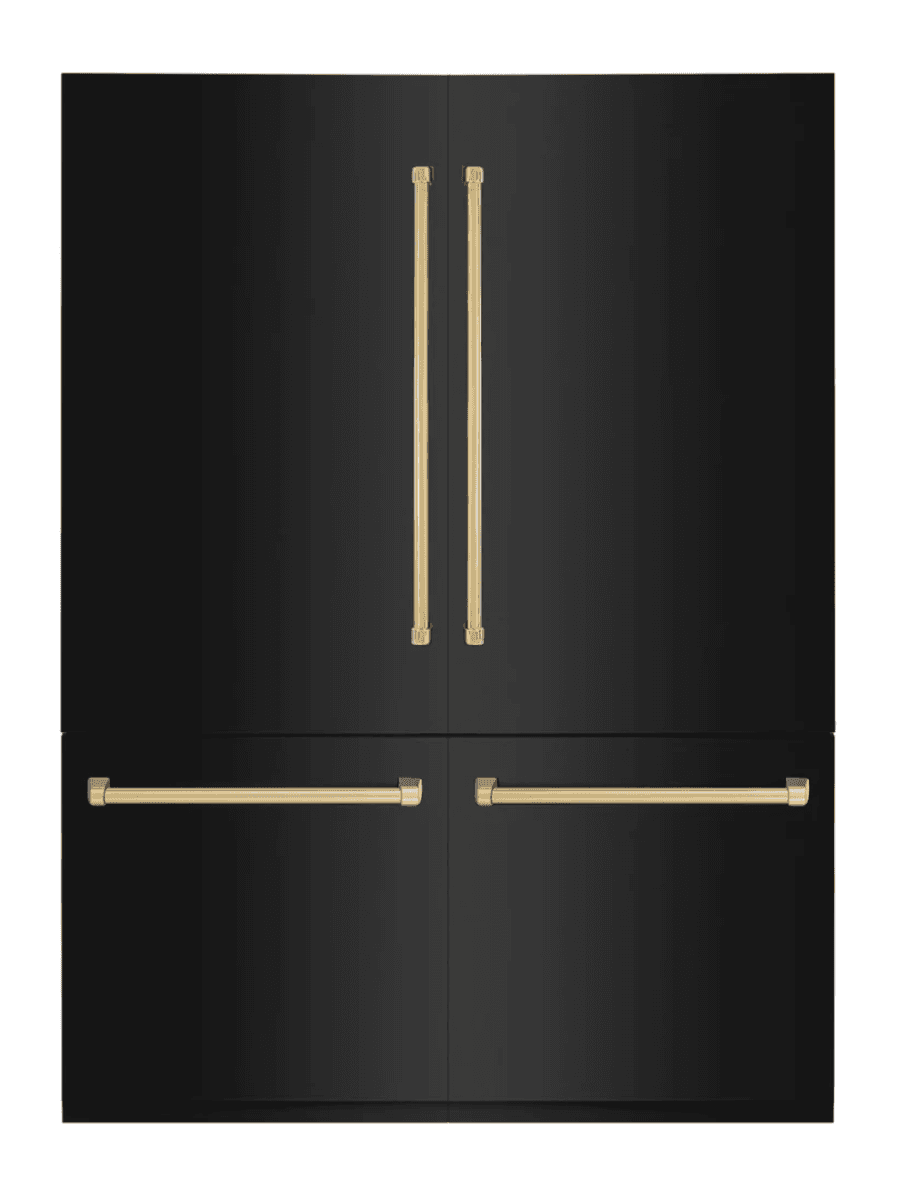A black refrigerator with a built-in freezer. It features a sleek, minimalist design with long, vertical handles on the top section and horizontal handles on the lower section. The handles appear to be made of a brass or gold-toned metal.  The refrigerator is a four-door model, with two large doors on top and two smaller doors on the bottom. — 3D model