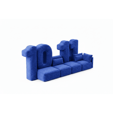 A digitally rendered modular sectional sofa in a vibrant blue upholstered fabric, configured into a long seating arrangement. The design incorporates large, similarly upholstered numbers '10' and '11' as backrests or decorative elements behind the sofa units. The individual sofa modules feature clean, blocky lines and include additional throw cushions for comfort. The overall aesthetic is contemporary and playful, suggesting a promotional or conceptual design. — 3D model