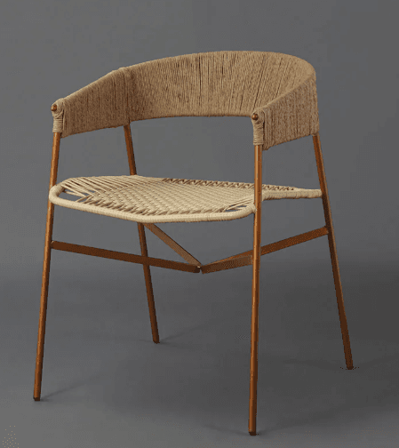 A modern armchair with a distinctive design, featuring a curved backrest and seat made of woven rope and cord. The frame and legs are constructed from metal, giving it a sturdy yet elegant appearance. — 3D model