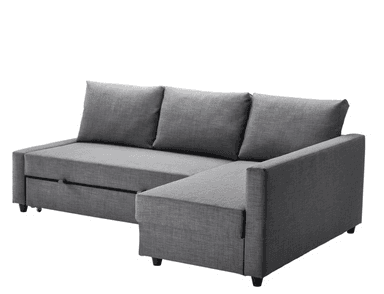 A modern, gray upholstered sectional sofa featuring a chaise lounge section and a visible pull-out mechanism for a convertible bed function. It has a minimalist design with straight lines, plump back cushions, and low-profile dark legs. — 3D model