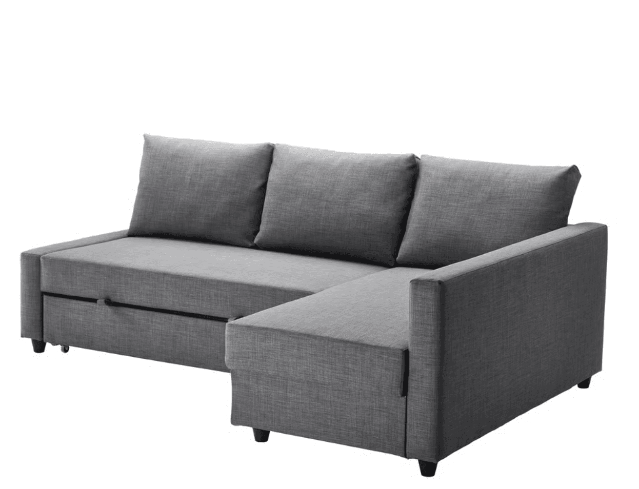 A modern, gray upholstered sectional sofa featuring a chaise lounge section and a visible pull-out mechanism for a convertible bed function. It has a minimalist design with straight lines, plump back cushions, and low-profile dark legs. — 3D model