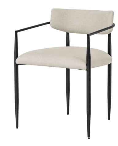 A contemporary armchair with a slender profile. The seat and backrest are upholstered in a light-colored, textured fabric. The frame consists of thin, matte black metal legs and armrests. The armrests curve gently downwards and forwards, supporting the arms. The backrest is slightly curved and integrated into the frame. — 3D model