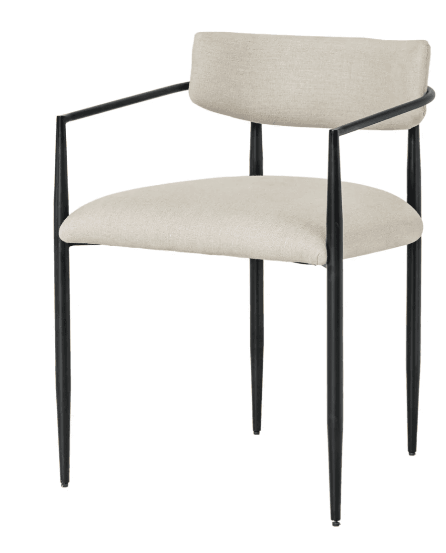 A contemporary armchair with a slender profile. The seat and backrest are upholstered in a light-colored, textured fabric. The frame consists of thin, matte black metal legs and armrests. The armrests curve gently downwards and forwards, supporting the arms. The backrest is slightly curved and integrated into the frame. — 3D model