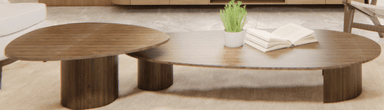 A modular set of two coffee tables featuring organic, irregular-shaped tops made from dark-toned wood. One table is taller with a single cylindrical base, while the other is lower and wider with two broad, curved bases, allowing for an overlapping or nesting arrangement. The wood grain is visible across all surfaces. — 3D model