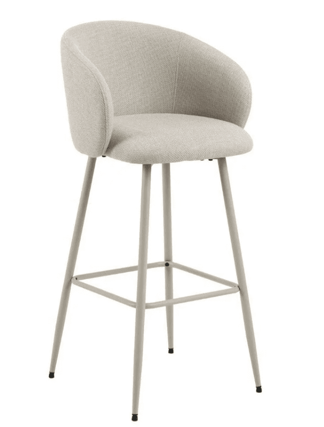 A modern counter-height bar stool featuring an upholstered, curved bucket seat and backrest, supported by slender, angled metal legs with an integrated square footrest. — 3D model