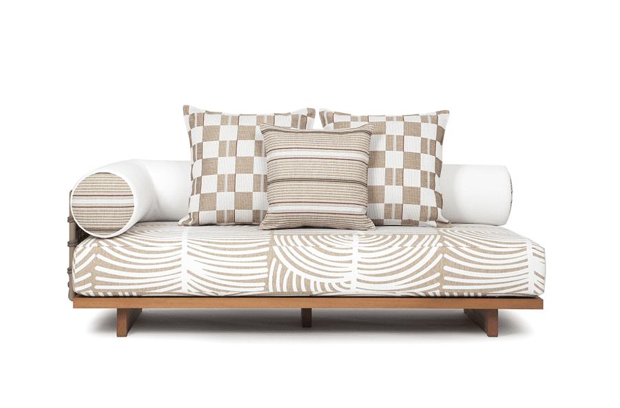 A modern sofa with a wooden frame and upholstered cushions. The main upholstery features a repeating organic, wave-like pattern in beige and white. It includes three throw pillows: two with a beige and white checkerboard pattern, and one with horizontal stripes in beige, white, and thin red lines. Bolster-style pillows in white are integrated on either side. — 3D model