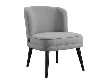 A compact, armless chair with a rounded back and light grey fabric upholstery, supported by four splayed black wooden legs, suitable for contemporary interiors. — 3D model