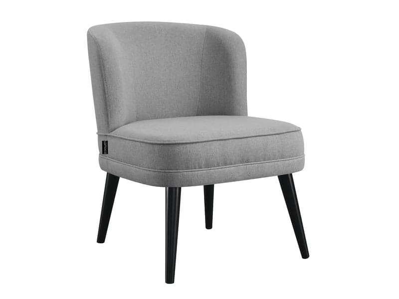A compact, armless chair with a rounded back and light grey fabric upholstery, supported by four splayed black wooden legs, suitable for contemporary interiors. — 3D model