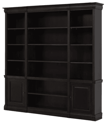 A tall, multi-section bookcase with a dark finish. The bookcase features an upper section with multiple open shelves divided into three vertical bays. The lower section consists of two cabinets on the outer sides and open shelving in the middle bay. It has a decorative molding along the top and a plinth base. The overall design suggests a traditional or classic style. — 3D model