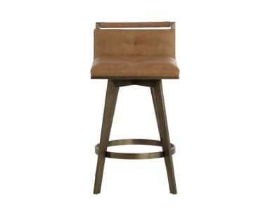 A brown leather bar stool with a metal base. The seat and back are upholstered in brown leather. The base is made of metal with a brushed finish and features four legs connected by a circular footrest. — 3D model