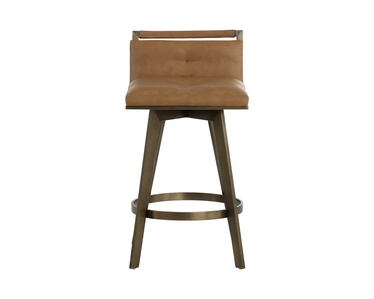 A brown leather bar stool with a metal base. The seat and back are upholstered in brown leather. The base is made of metal with a brushed finish and features four legs connected by a circular footrest. — 3D model
