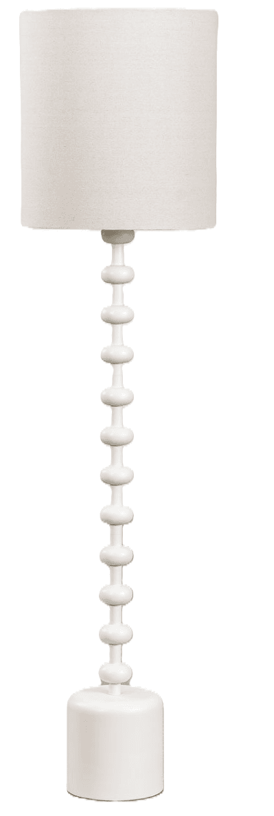 A contemporary floor lamp featuring a sculptural, vertically segmented stem composed of a series of stacked, bead-like elements. The stem is supported by a solid cylindrical base and topped with a classic drum lampshade. The entire piece is rendered in a monochromatic off-white or cream color. — 3D model