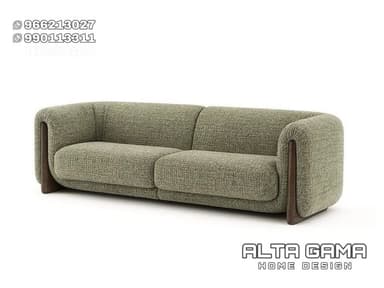 A modern two-seater sofa featuring a light green textured fabric upholstery and distinctive dark wood curved end panels that seamlessly integrate as armrests and frame the seat. — 3D model