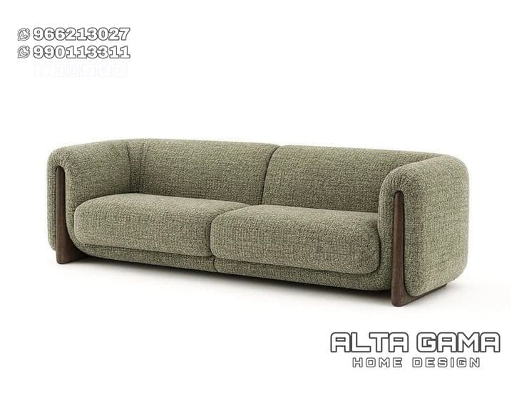 A modern two-seater sofa featuring a light green textured fabric upholstery and distinctive dark wood curved end panels that seamlessly integrate as armrests and frame the seat. — 3D model