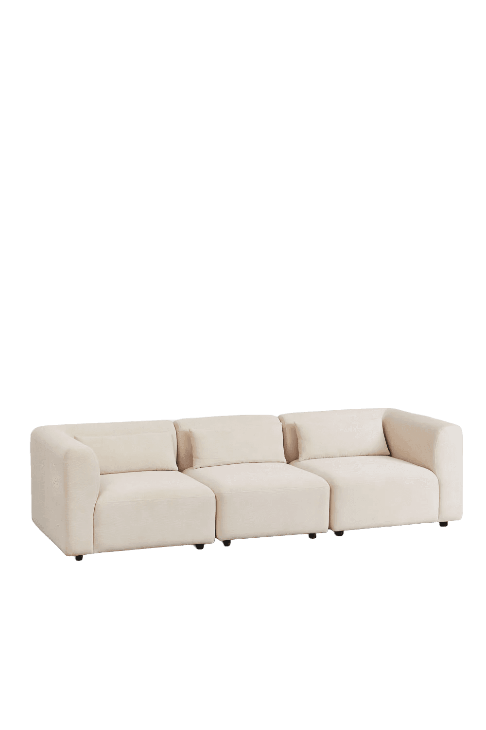 A modular three-seater sofa with a low profile and rounded arms. The sofa is upholstered in a textured cream-colored fabric and features separate seat and back cushions. It is raised on small, dark-colored legs. — 3D model