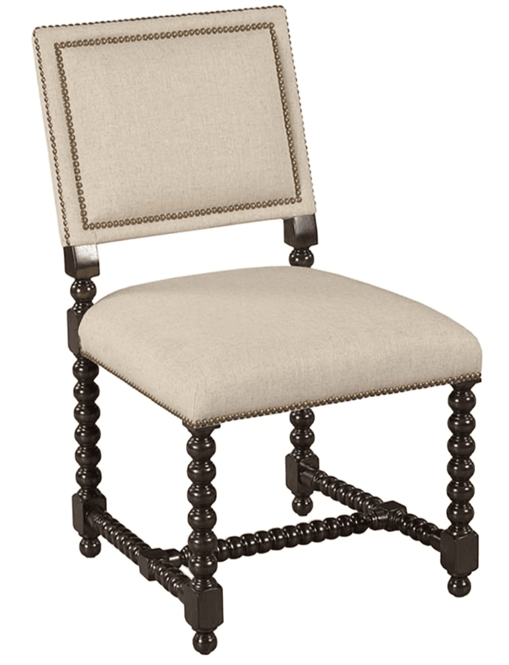 A dark wood accent chair with a fabric upholstered seat and back. The chair features turned legs and stretchers, with decorative nailhead trim along the edges of the upholstery. — 3D model